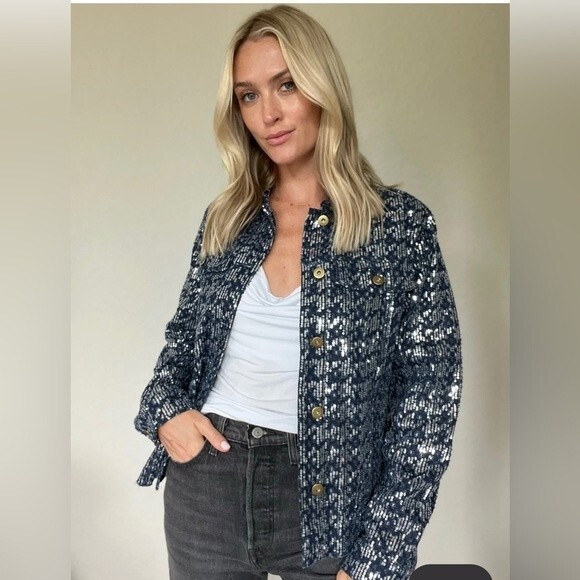 Six/Fifty Pixie Jacket Denim Sequin Blue Size Medium NWT - Picture 1 of 9